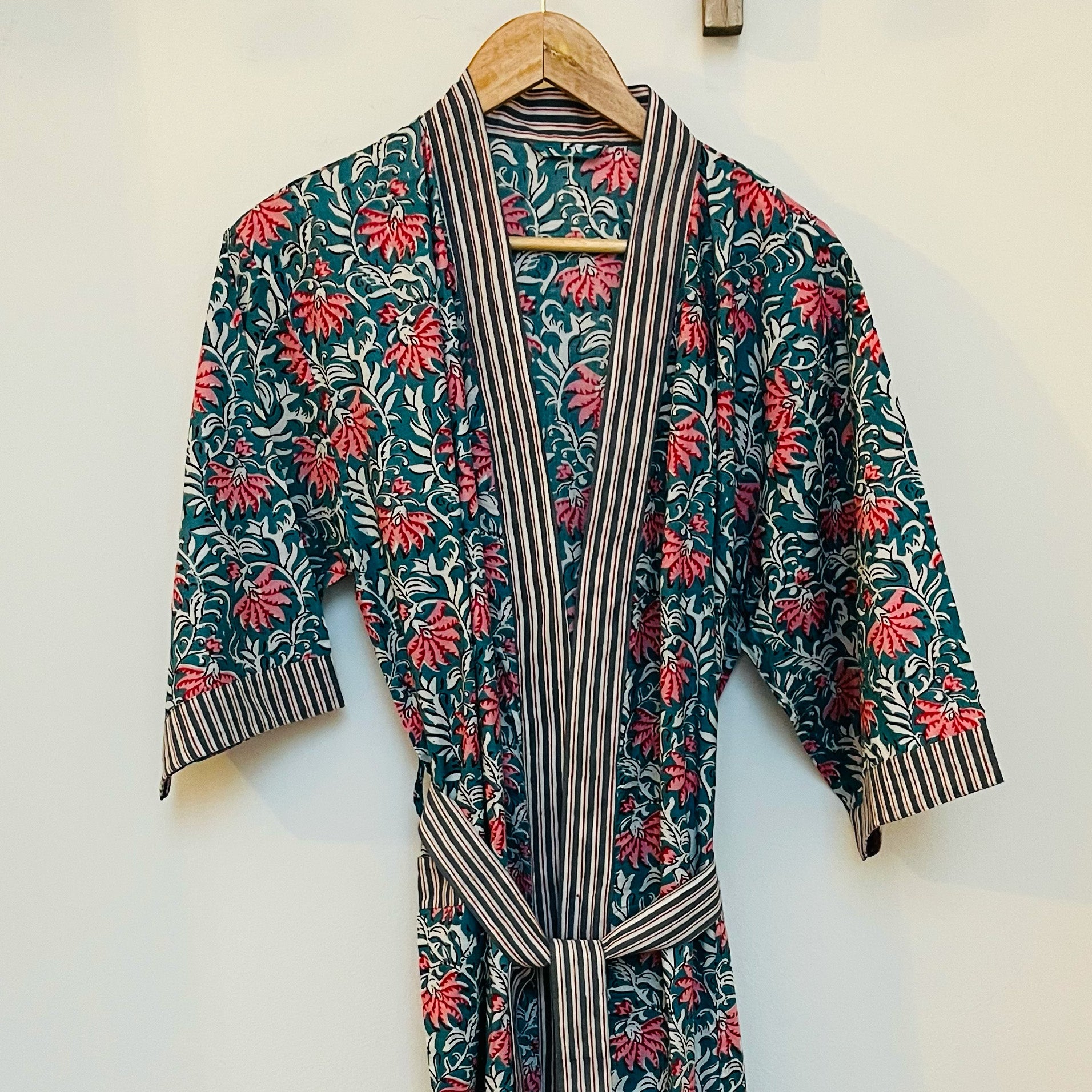 COTTON BLOCK PRINT KIMONO - PETROL BLUE AND PINK