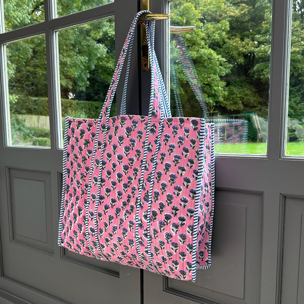 COTTON TOTE BAG -PINK/BLUE FLOWER