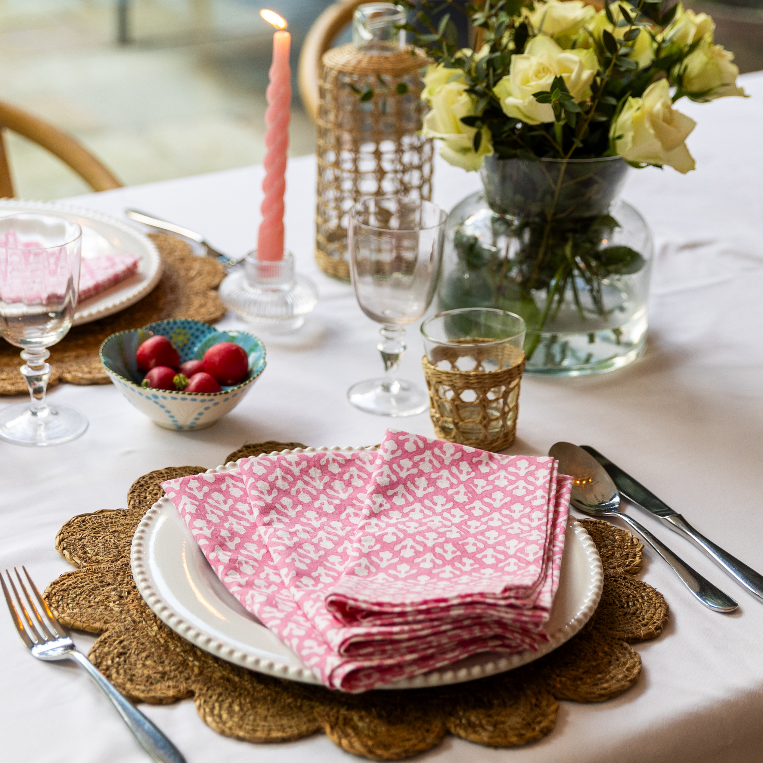 HAND BLOCK TABLECLOTH - ROSE PINK MOTIF