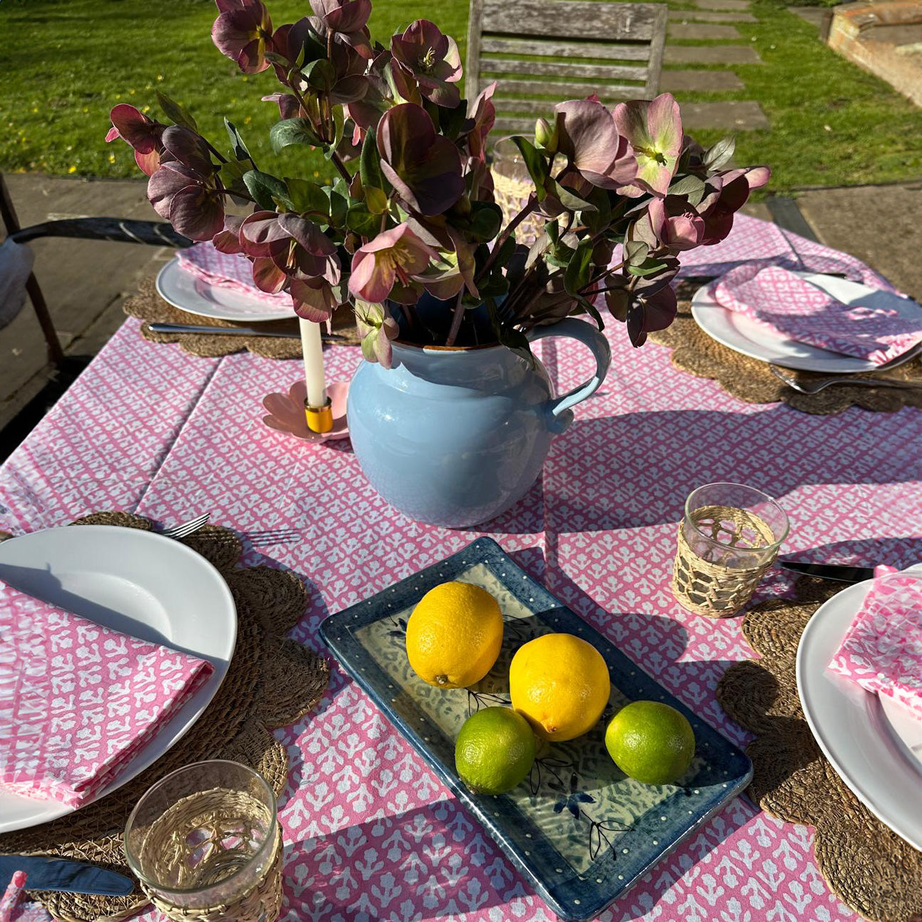 HAND BLOCK TABLECLOTH - ROSE PINK MOTIF