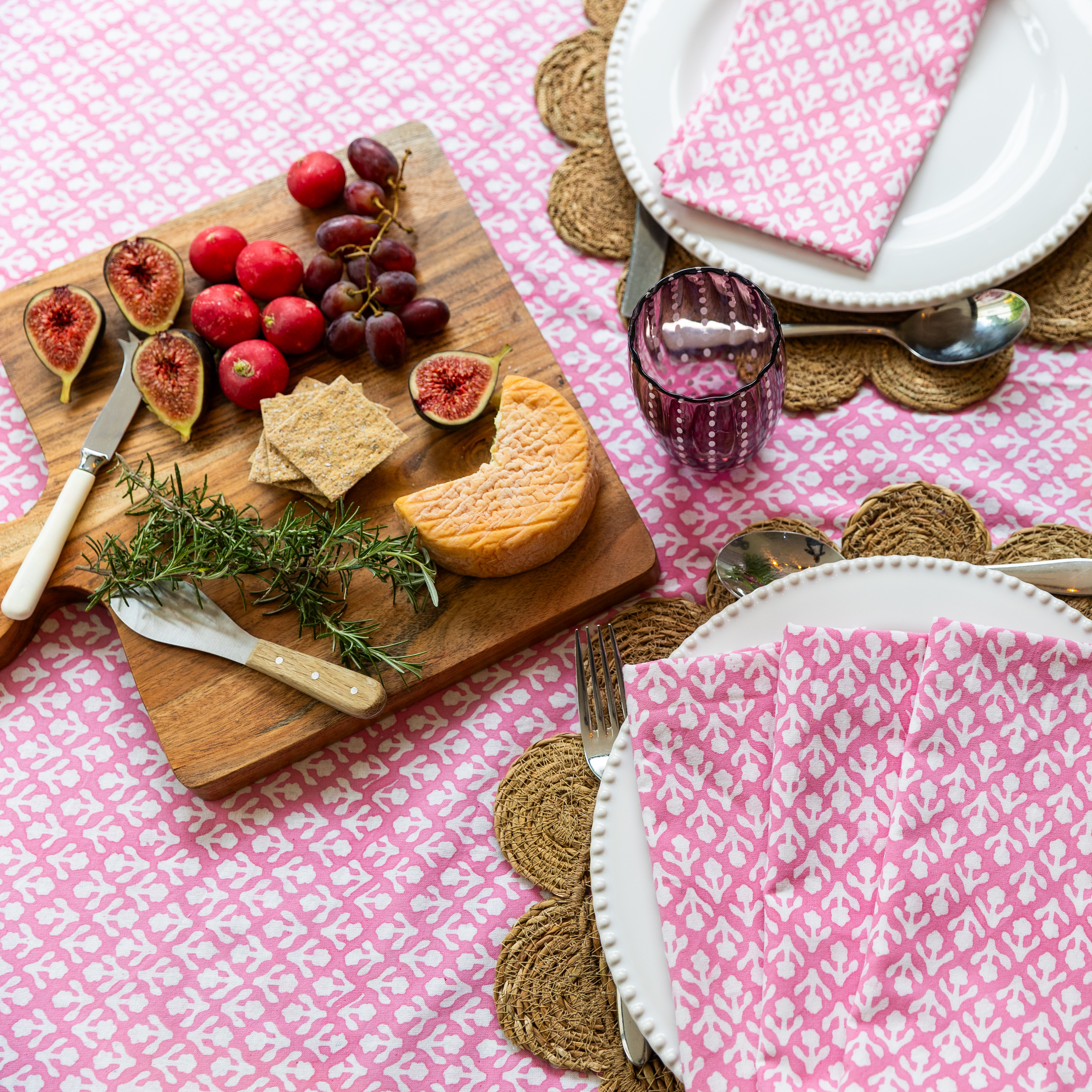 HAND BLOCK TABLECLOTH - ROSE PINK MOTIF