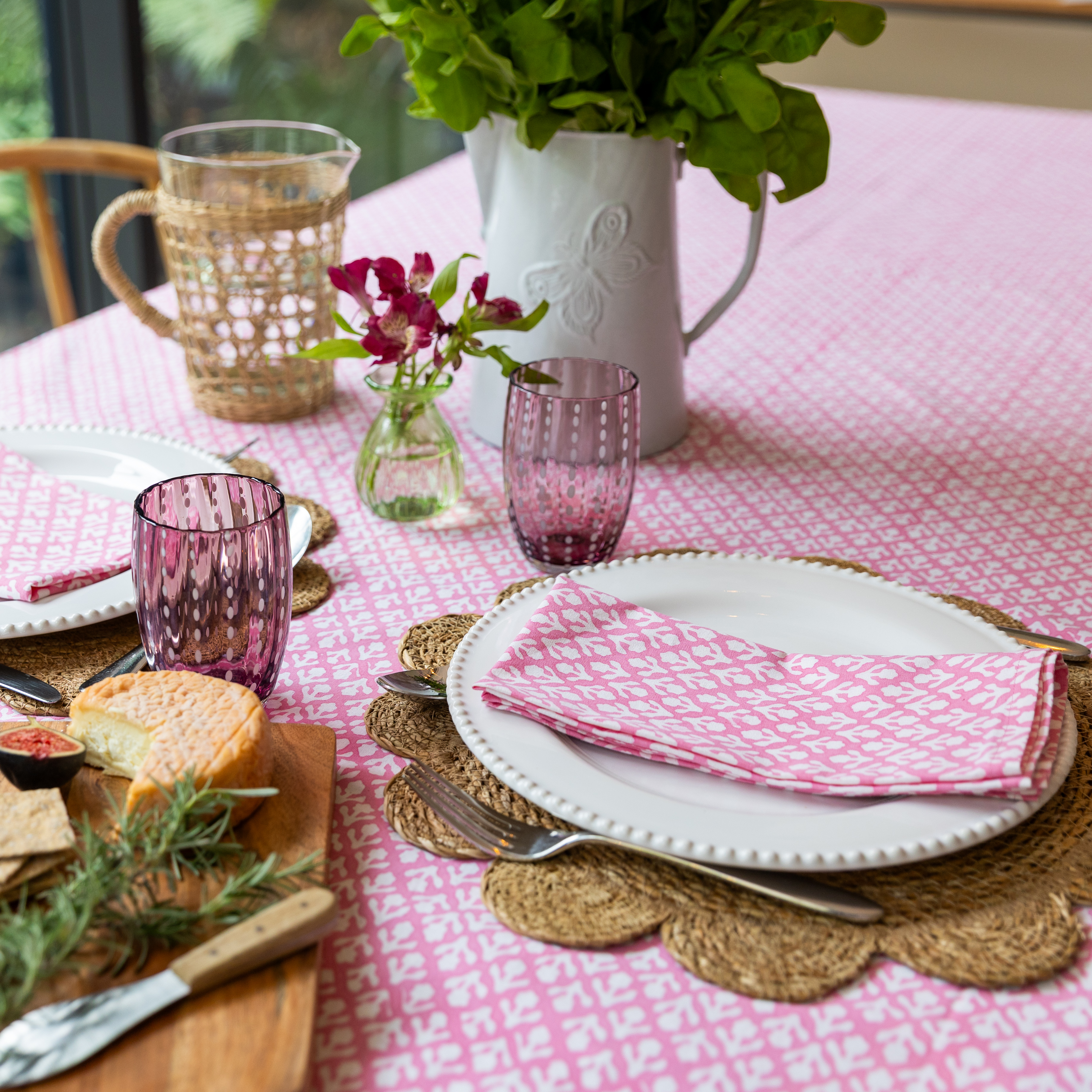 HAND BLOCK TABLECLOTH - ROSE PINK MOTIF