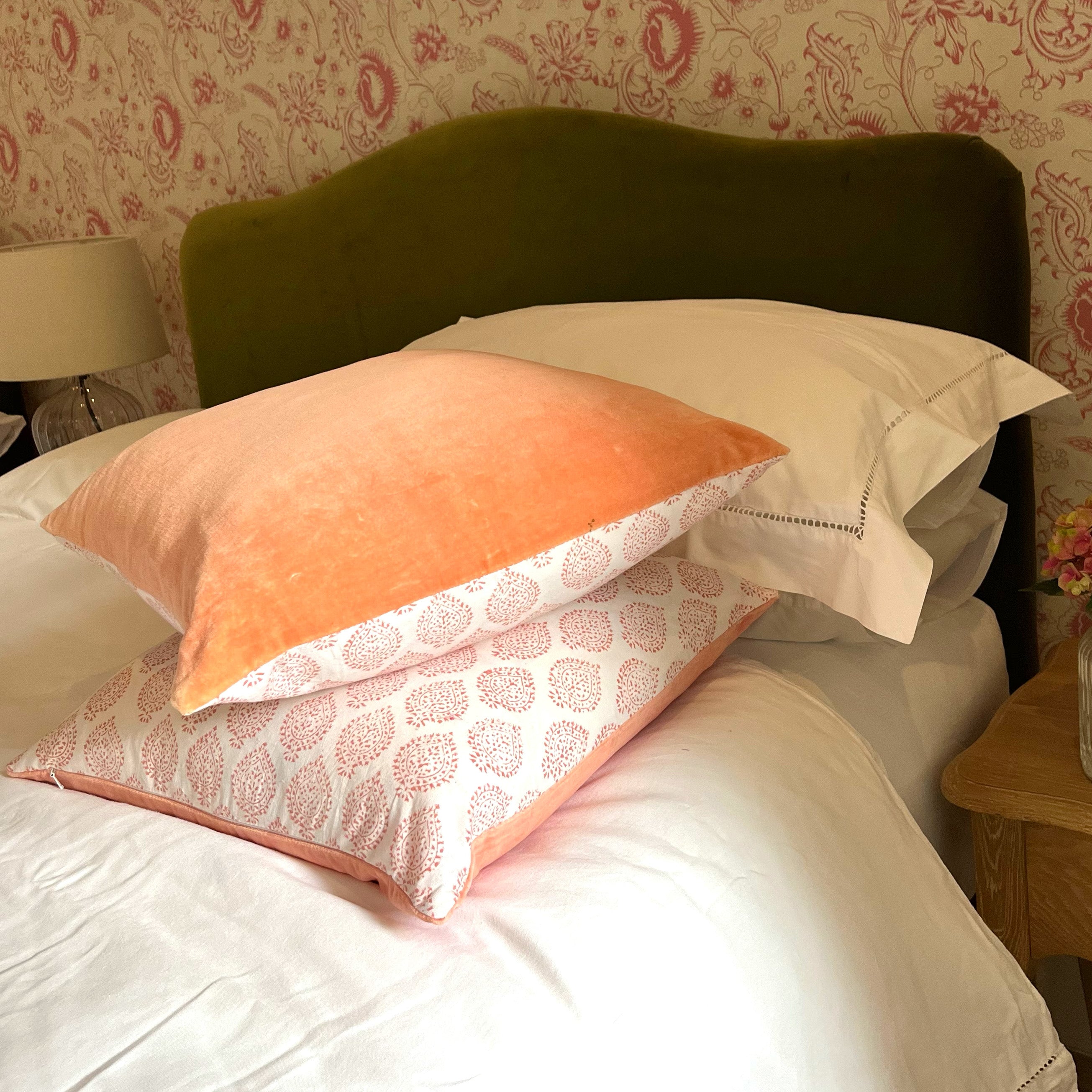 PURE VELVET AND HAND BLOCK COTTON CUSHION - CORAL PINK
