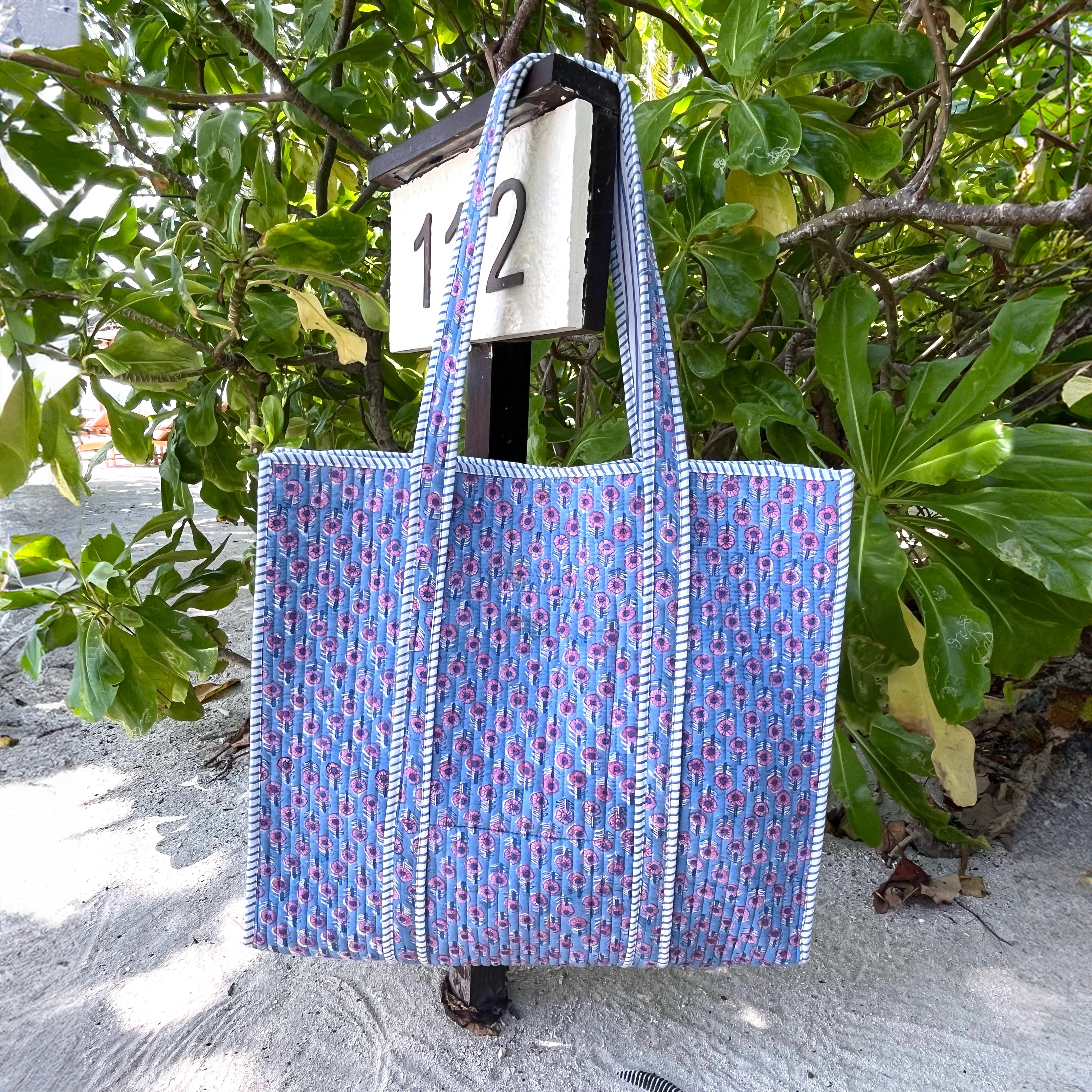 QUILTED COTTON TOTE BAG -PINK DAISY