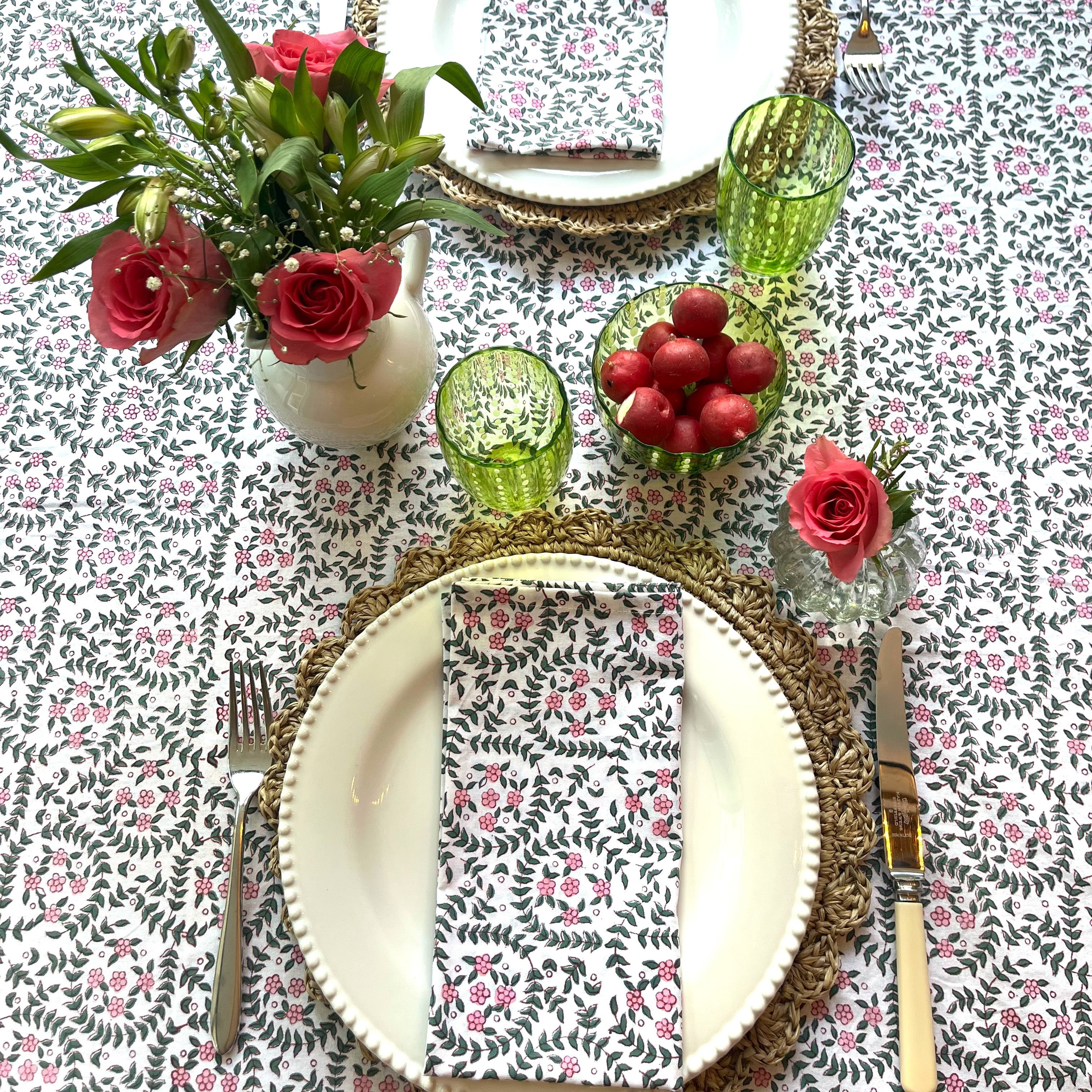 HAND BLOCK TABLECLOTH - PINK DITSY