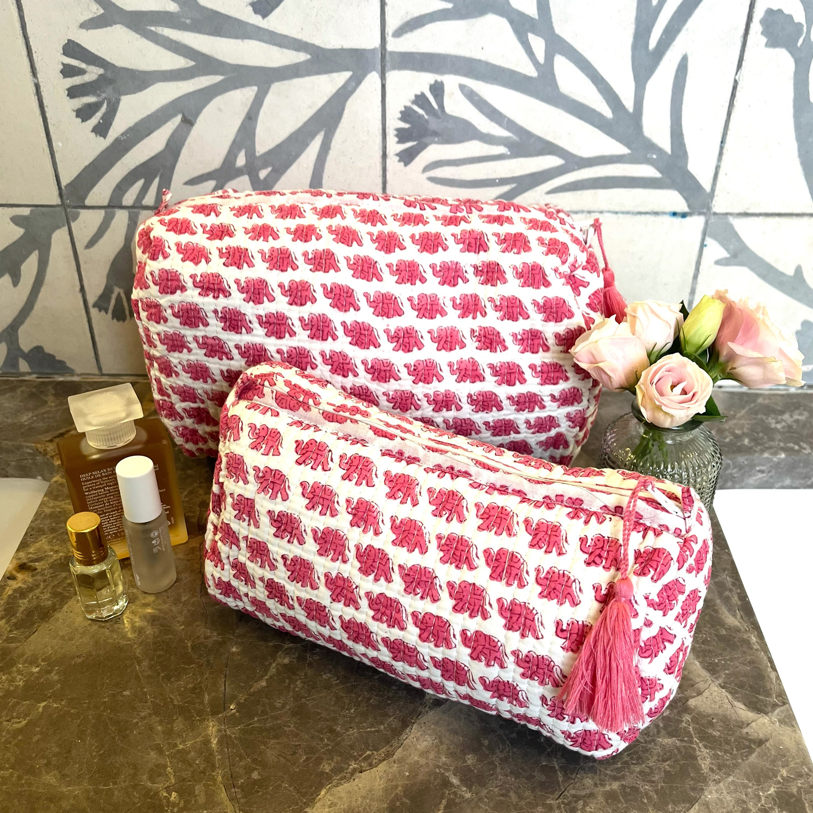 COTTON WASH BAG - PINK ELEPHANT