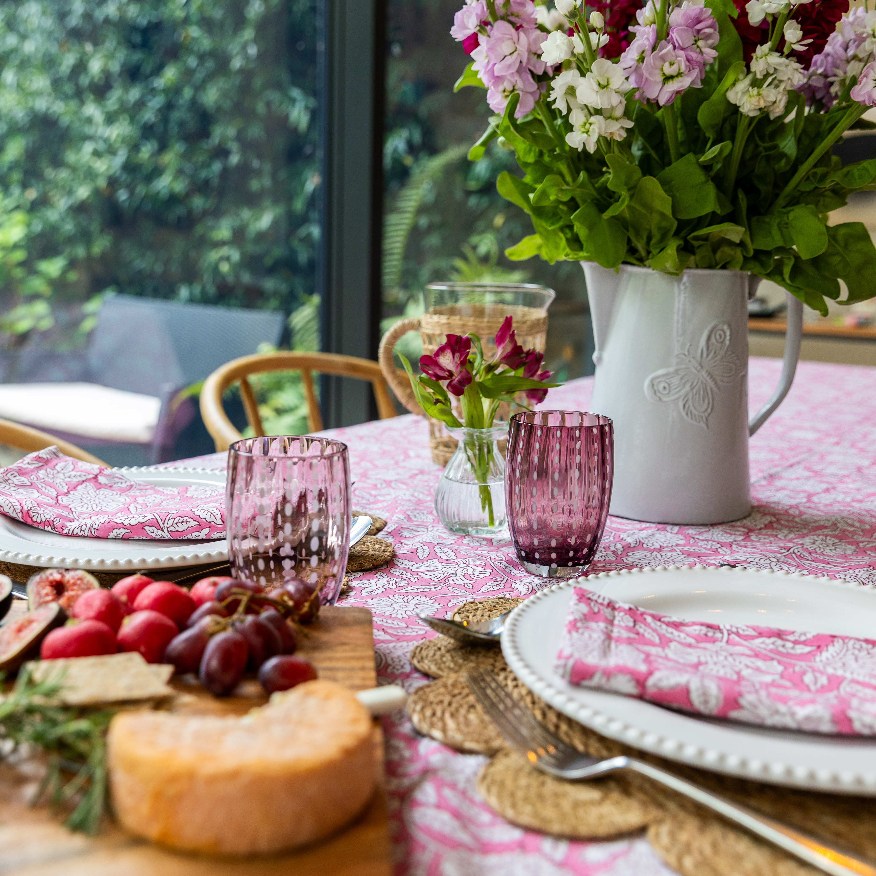 HAND BLOCK TABLECLOTH - ROSE PINK FLORAL