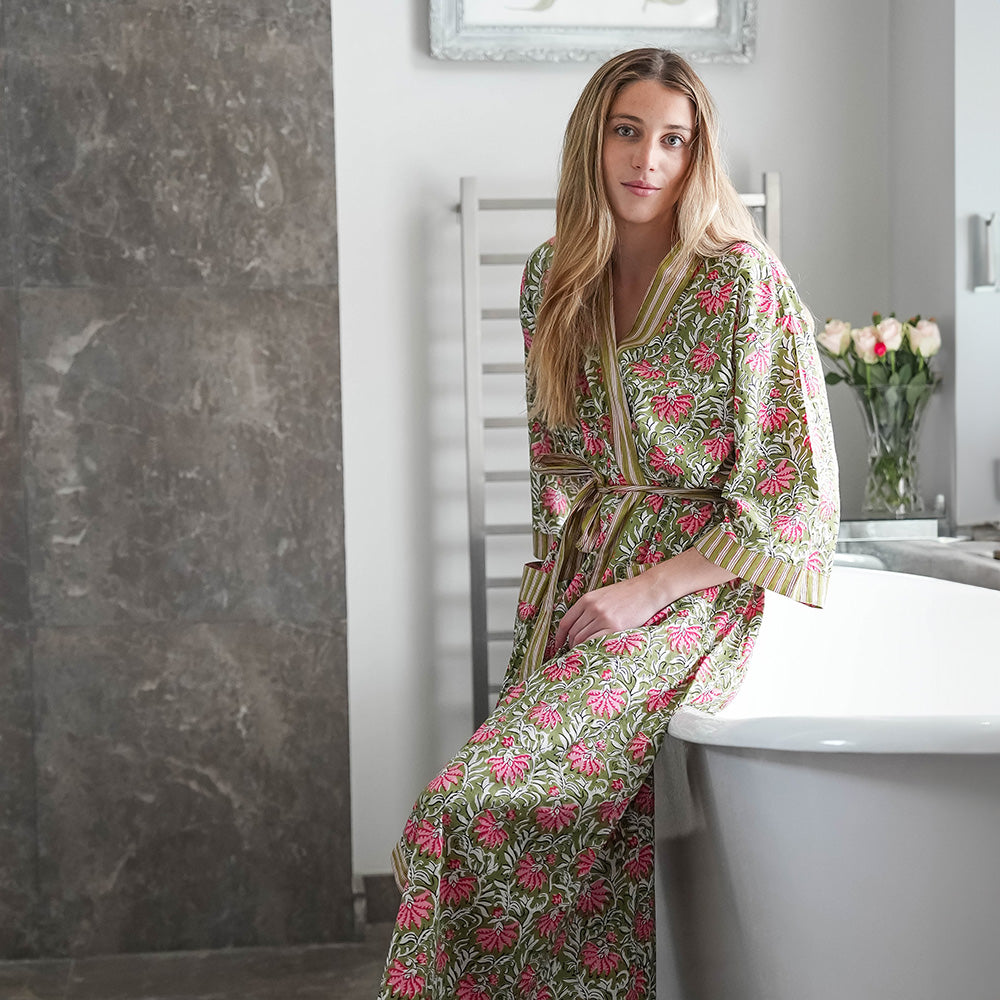 COTTON BLOCK PRINT KIMONO - GREEN AND PINK (Was £60) – NAMOONA