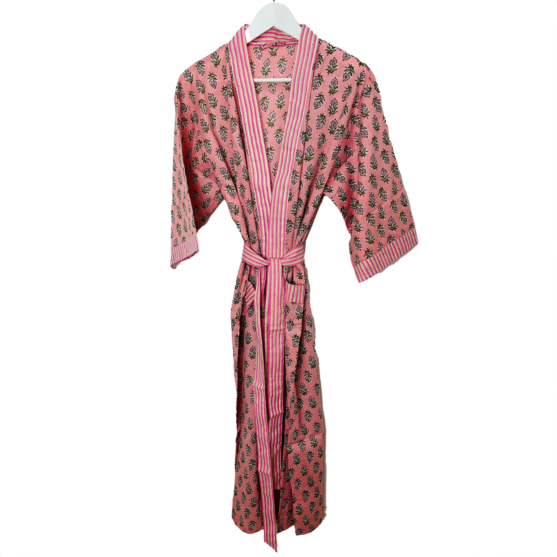 HAND  PRINTED ROBE - PALE PINK / GREEN