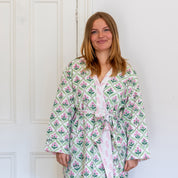 COTTON HOODED ROBE - PINK TRELLIS