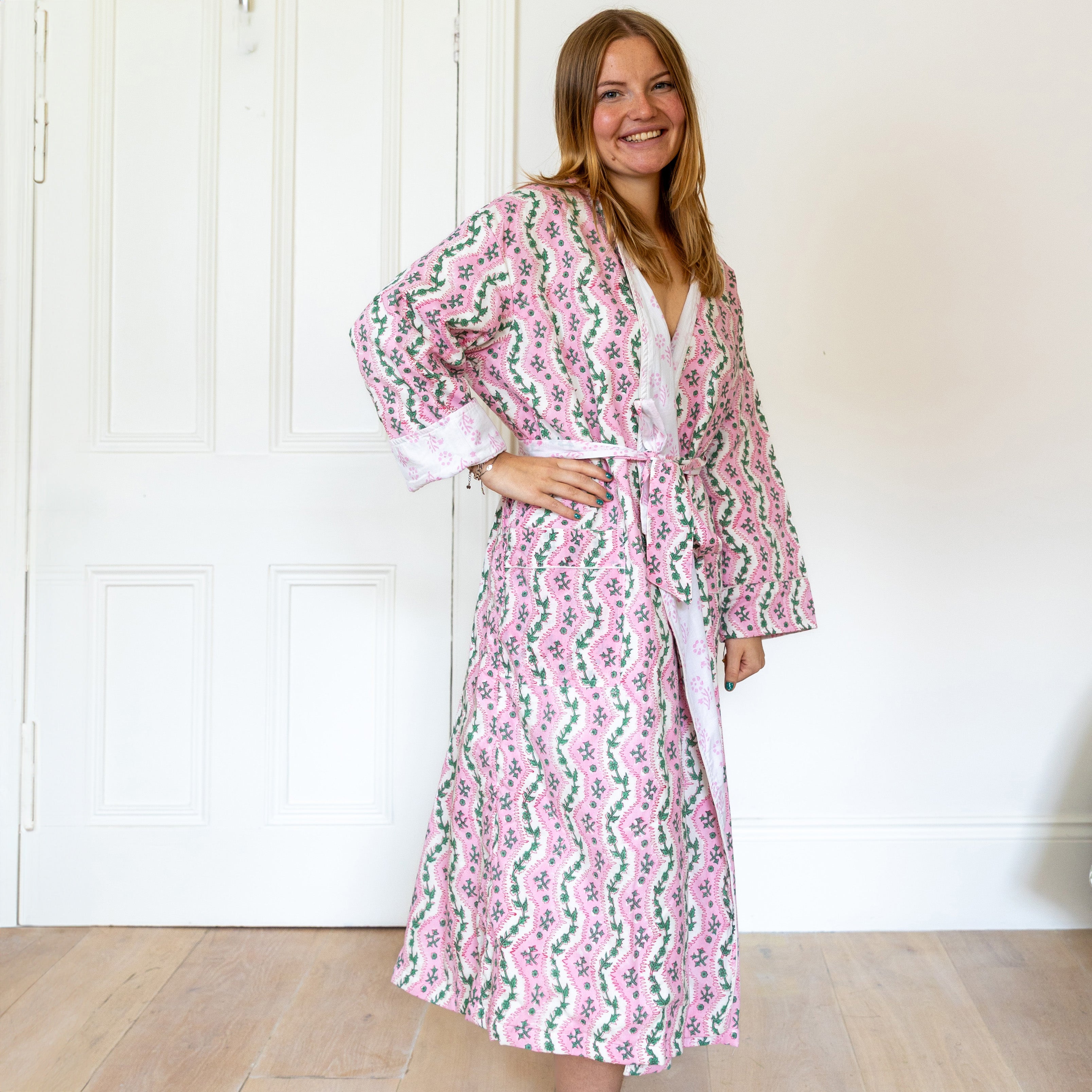 COTTON HOODED ROBE - PINK VINE
