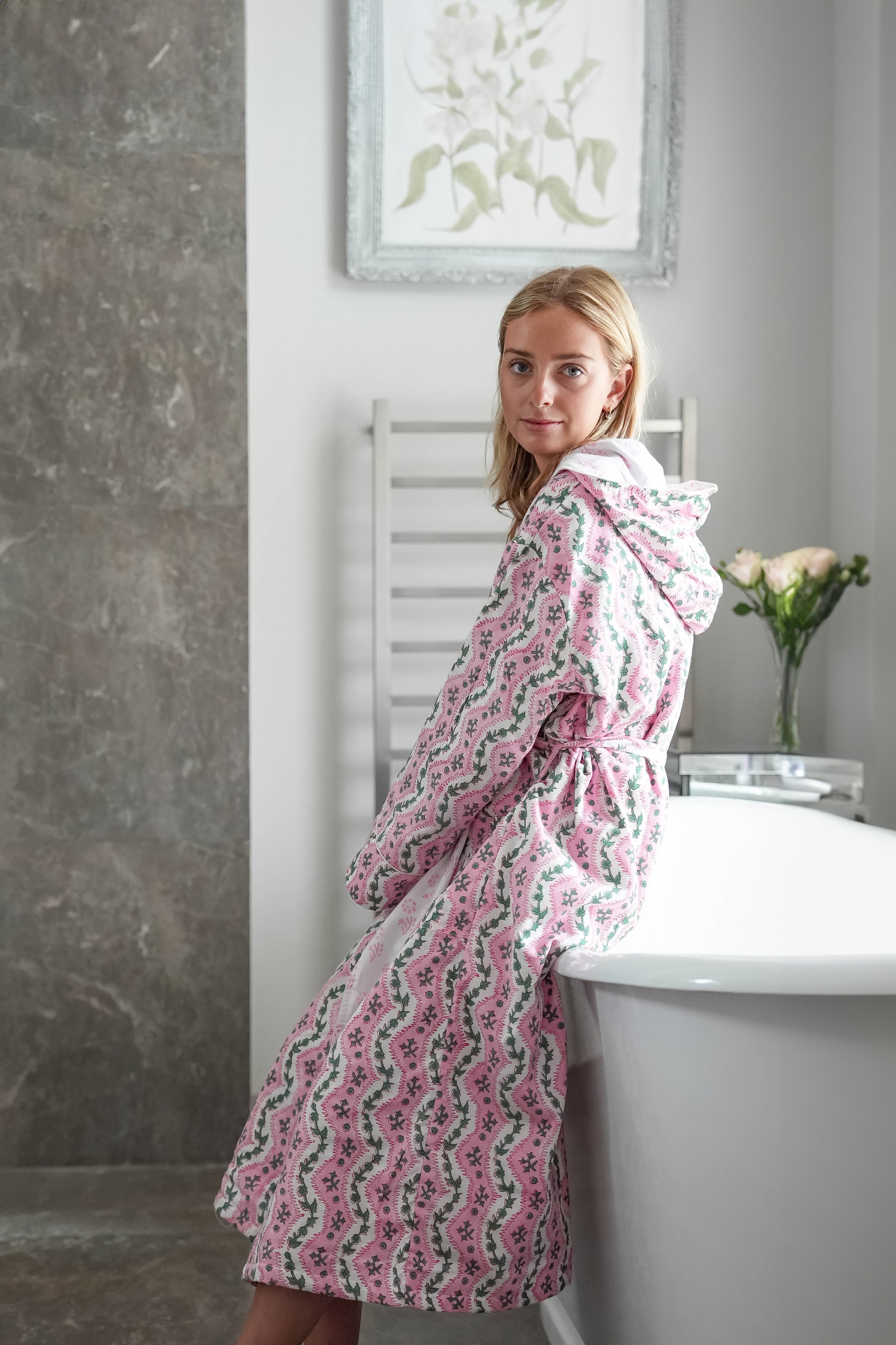 COTTON HOODED ROBE - PINK VINE