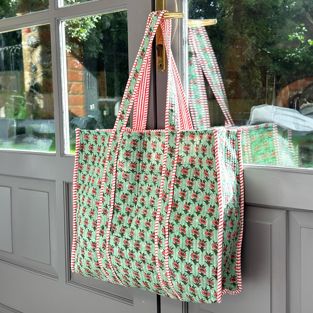 COTTON TOTE BAG - GREEN/PINK FLOWER