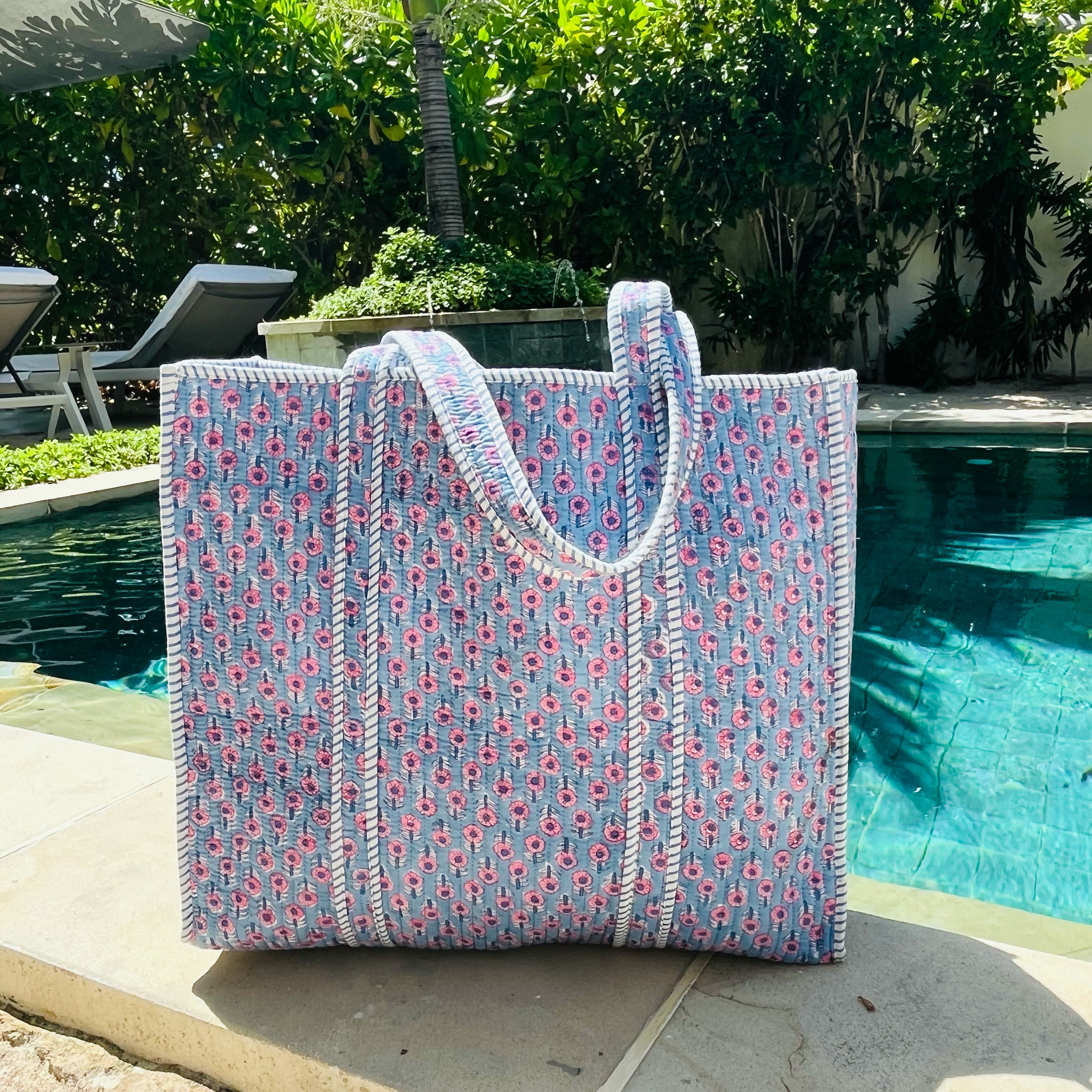 QUILTED COTTON TOTE BAG -PINK DAISY
