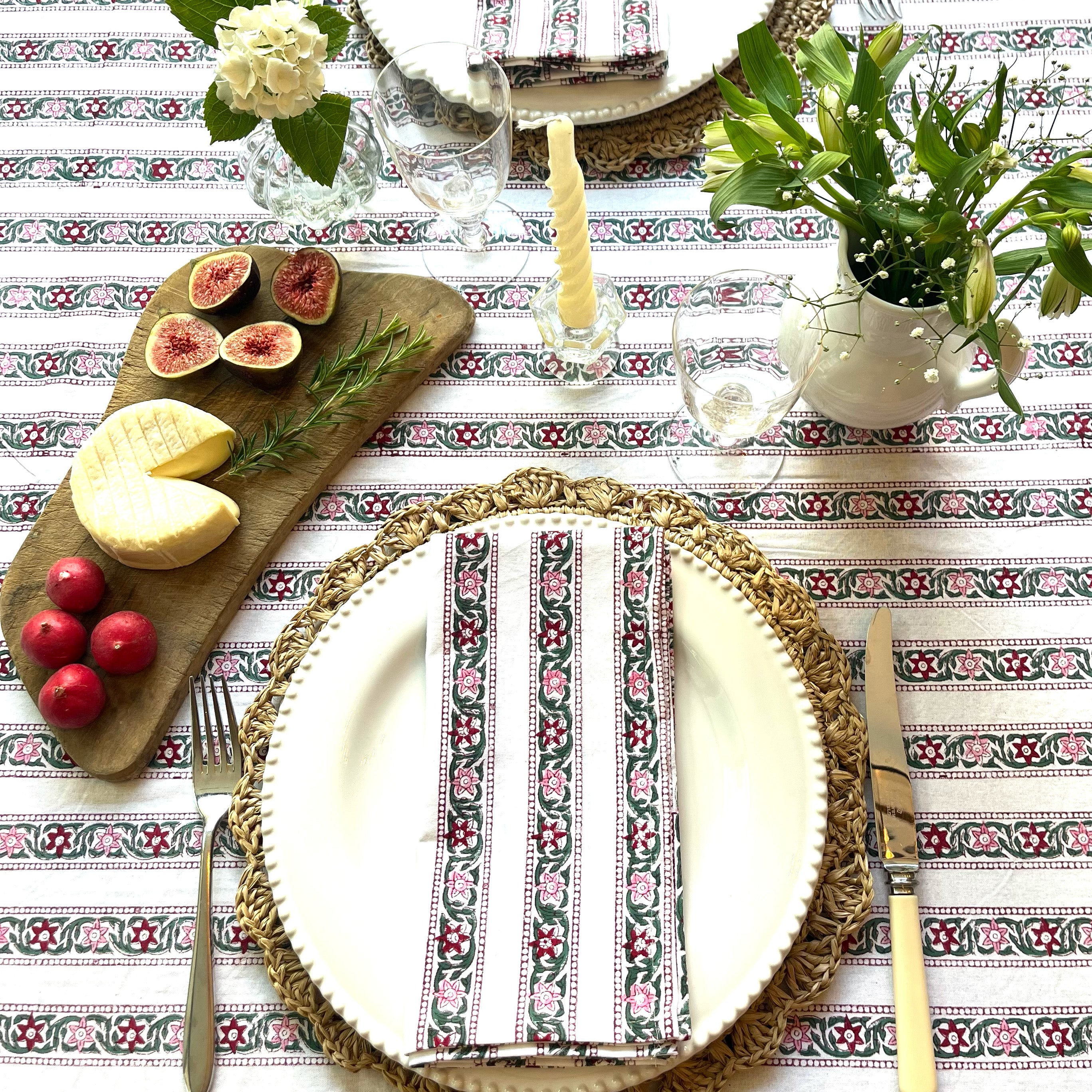 HAND BLOCK TABLECLOTH - RAMBLING ROSE