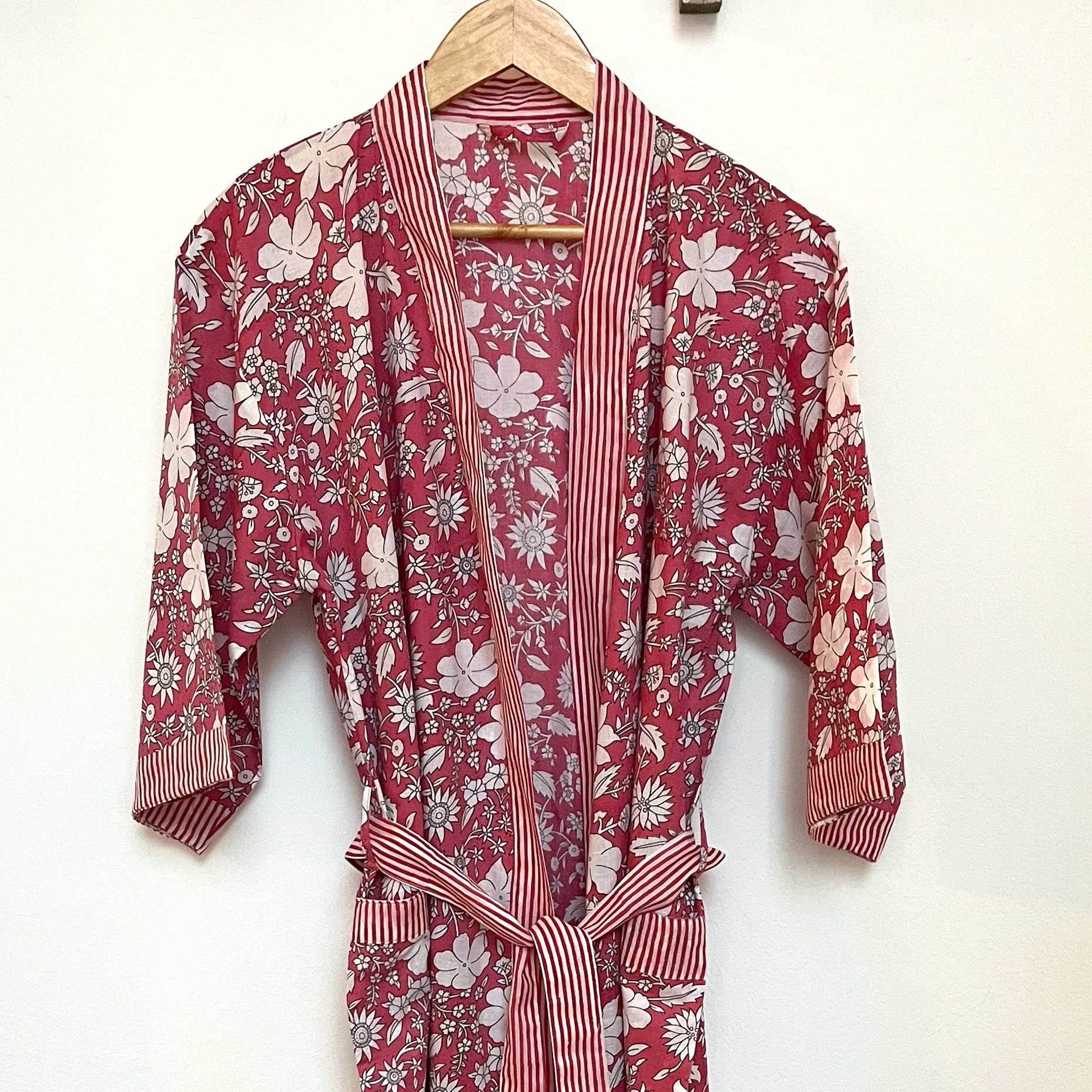 COTTON BLOCK PRINT KIMONO - ROSE PINK AND WHITE