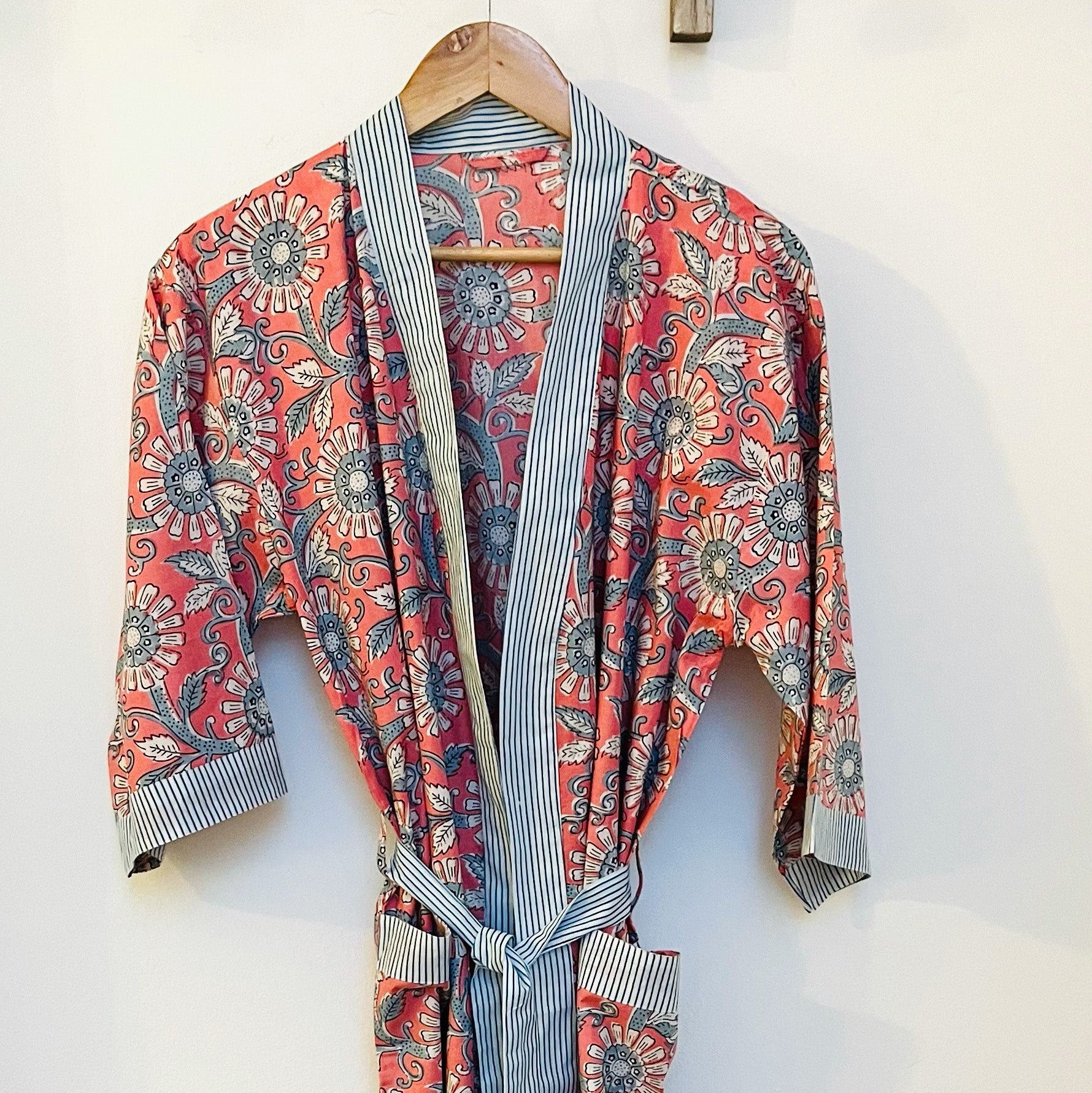 COTTON BLOCK PRINT KIMONO - ROSE AND POWDER BLUE
