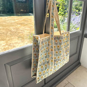 QUILTED COTTON TOTE BAG -SUNFLOWER AND YELLOW STRIPE