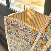 QUILTED COTTON TOTE BAG -SUNFLOWER AND YELLOW STRIPE