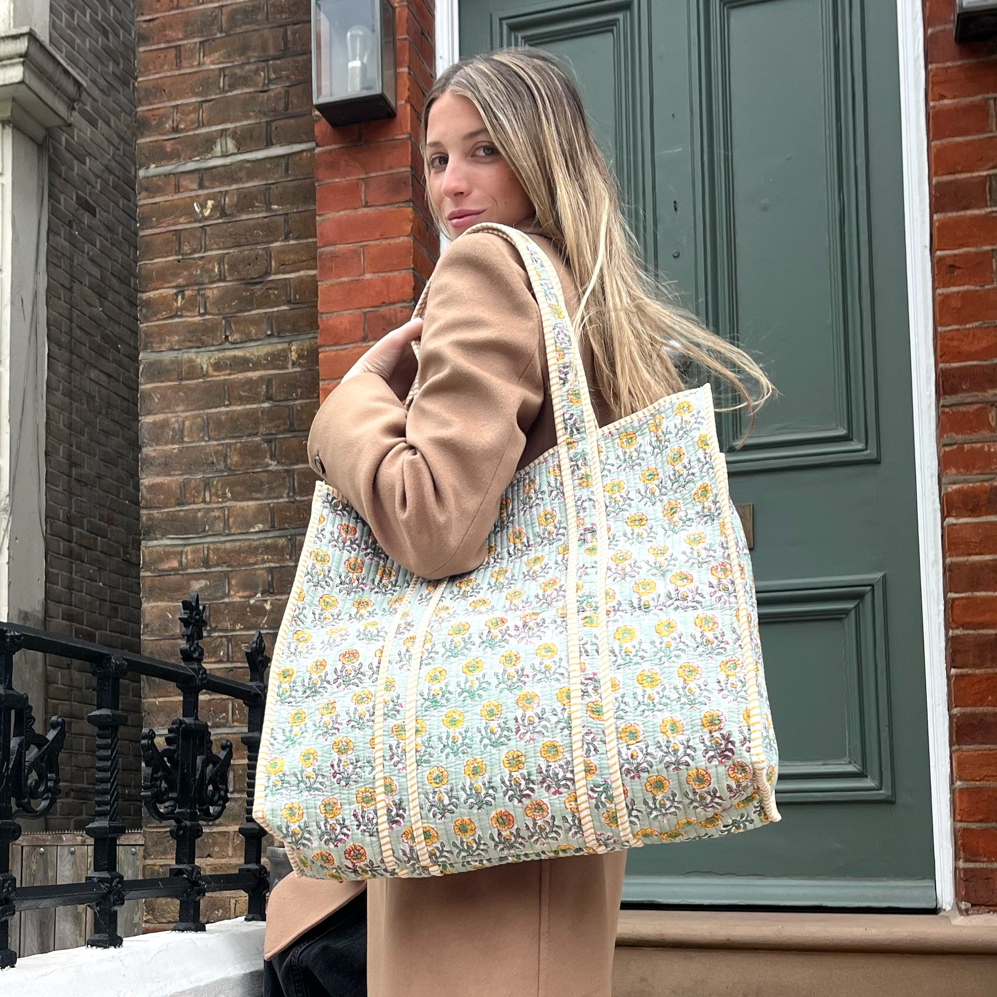 COTTON TOTE BAG -YELLOW FLOWER AND YELLOW STRIPE