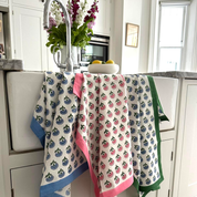 HAND BLOCKED TEA TOWEL - BLUE FLOWER/GREEN BORDER