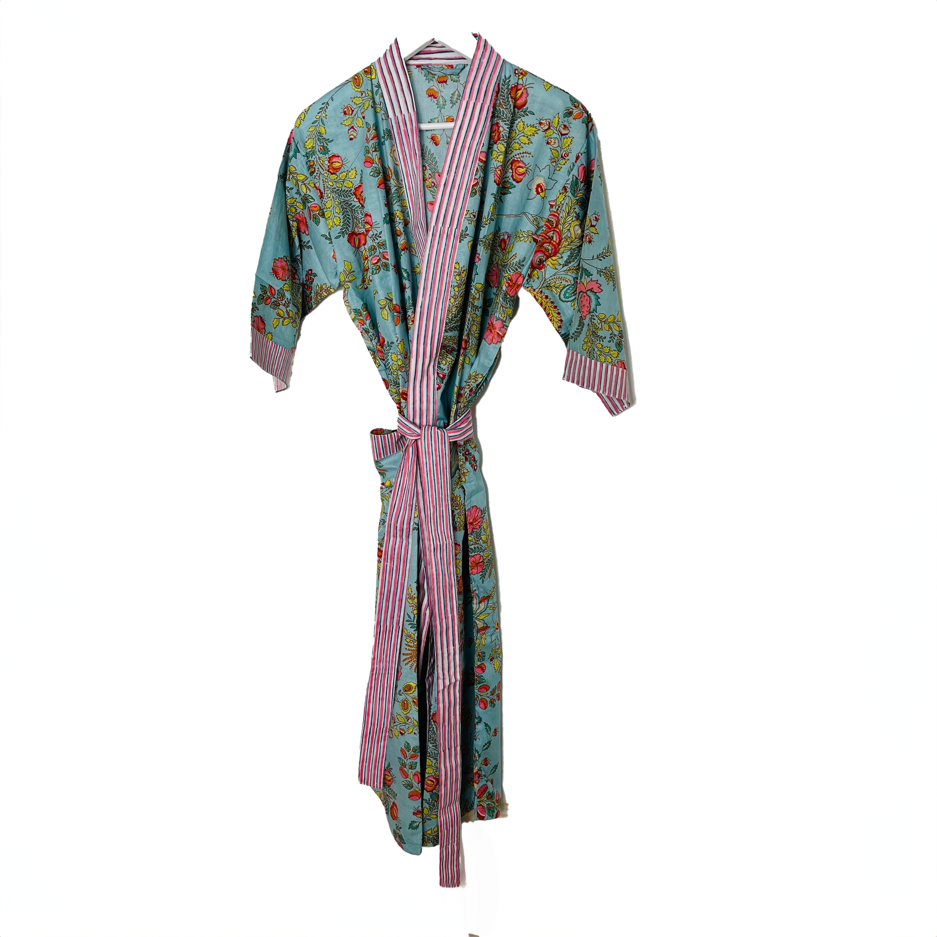 HAND  PRINTED ROBE - PALE BLUE / FLORAL