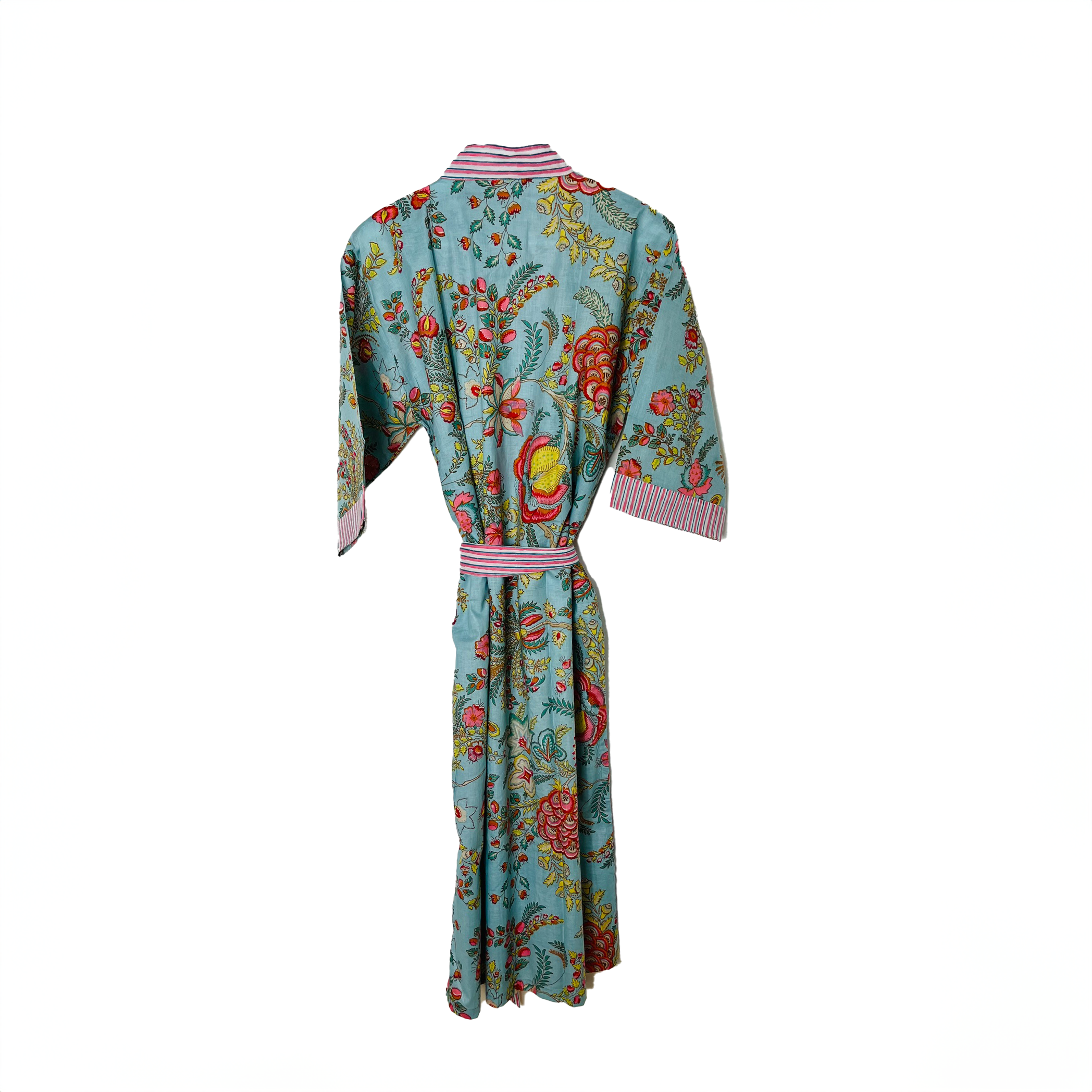 HAND  PRINTED ROBE - PALE BLUE / FLORAL