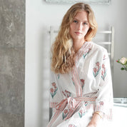 COTTON BLOCK PRINT KIMONO - WHITE AND PINK FLOWER