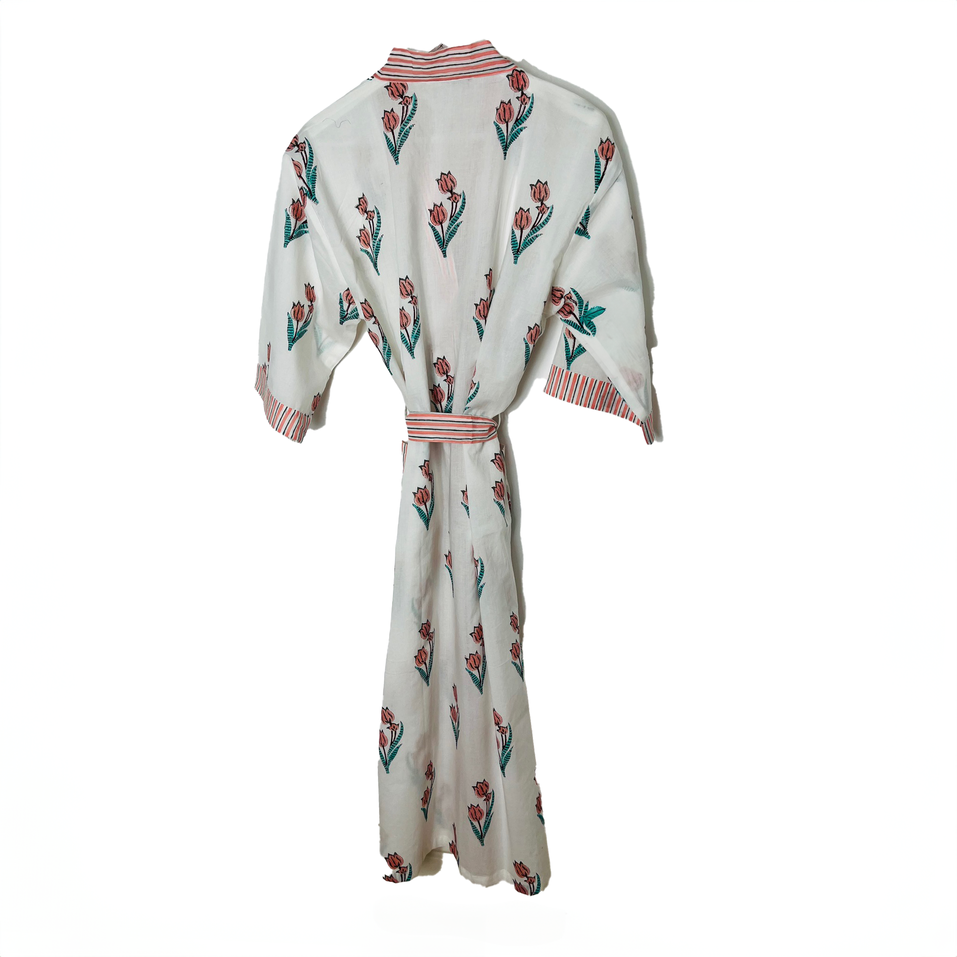 HAND PRINTED ROBE - WHITE/PINK FLOWER